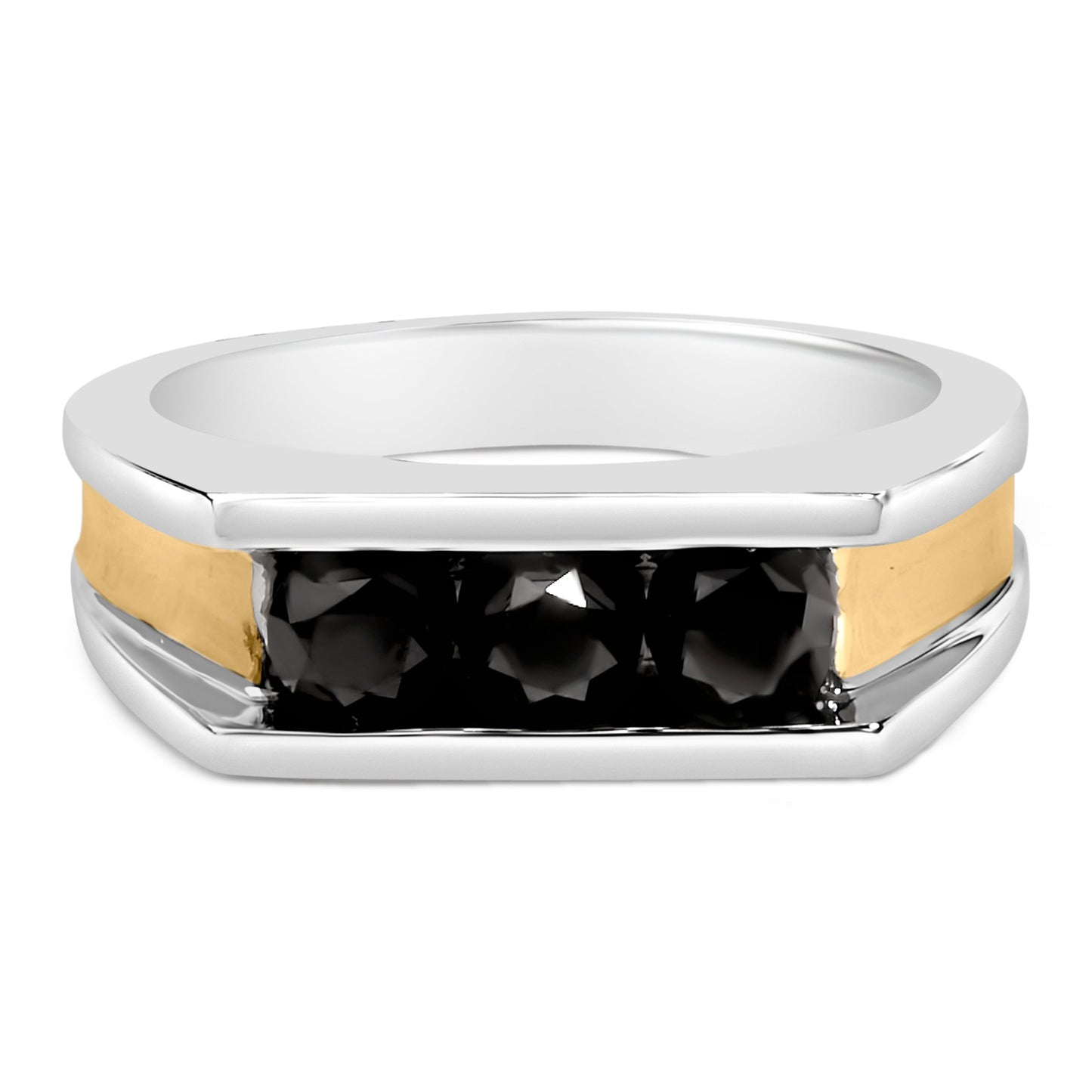 Anillo de hombre de plata de ley con baño de oro amarillo de 14k y diamantes negros de 1-1/2 Cttw engastados en canal