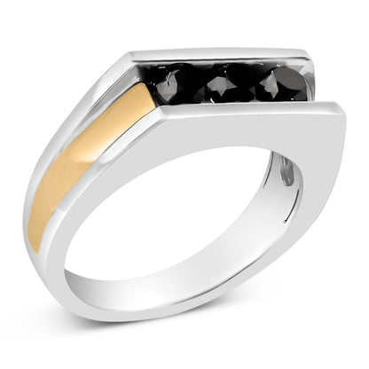 Anillo de hombre de plata de ley con baño de oro amarillo de 14k y diamantes negros de 1-1/2 Cttw engastados en canal
