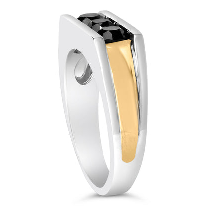 Anillo de hombre de plata de ley con baño de oro amarillo de 14k y diamantes negros de 1-1/2 Cttw engastados en canal