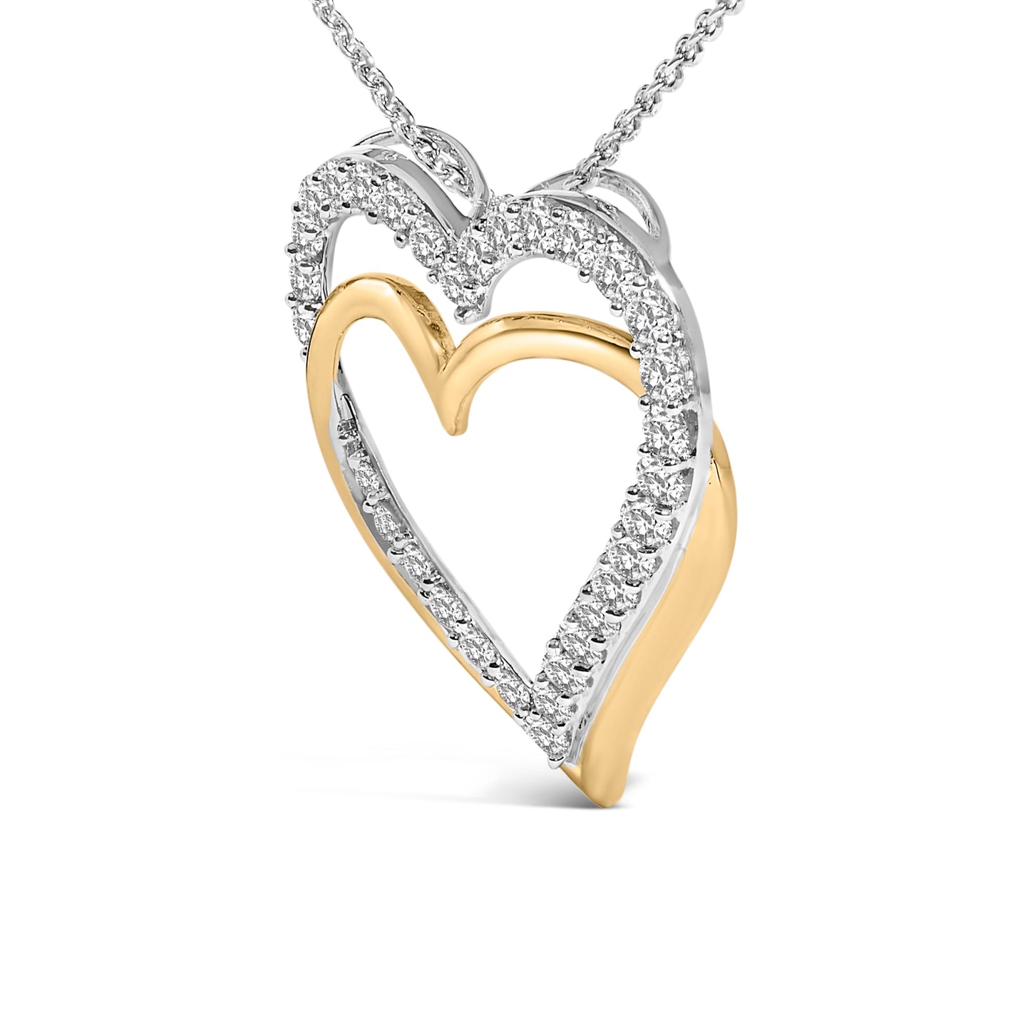 Collar con colgante de doble corazón de diamantes de 1,00 Cttw en plata de ley chapada en oro amarillo de 14K