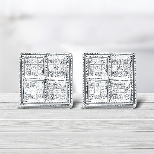 Pendientes de tuerca de oro blanco de 14 quilates de 1/2 quilate de peso total de diamantes de talla princesa con forma de caja y milgrain (Color H-I, Claridad SI1-SI2)