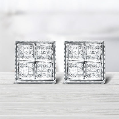 Pendientes de tuerca de oro blanco de 14 quilates de 1/2 quilate de peso total de diamantes de talla princesa con forma de caja y milgrain (Color H-I, Claridad SI1-SI2)