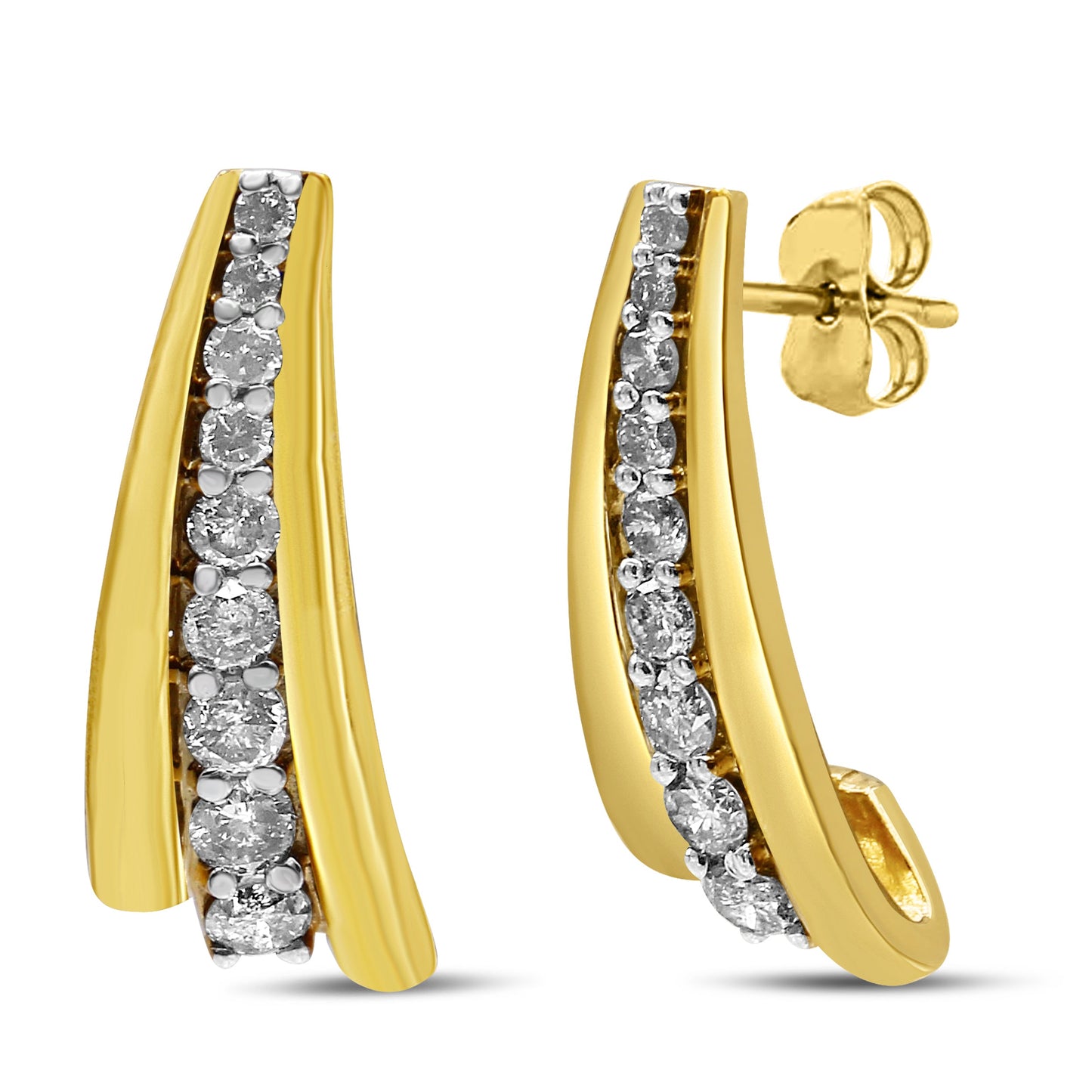 Pendientes de aro tipo Huggie graduados con diamantes redondos de 1,00 quilates en total de plata de ley .925 bañados en oro amarillo de 10 quilates (color I-J, claridad I2-I3)
