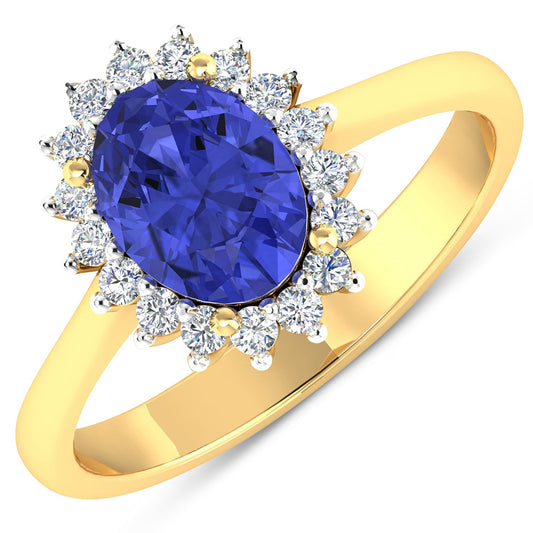 Anillo de Oro Amarillo de 14K con Tanzanita Genuina de 1,92 Quilates y Diamantes Blancos