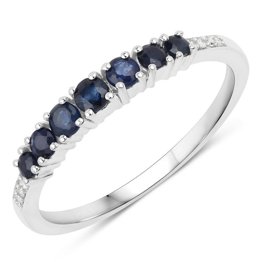 Anillo de oro blanco de 14 quilates con zafiro azul genuino de 0,45 quilates y diamantes blancos