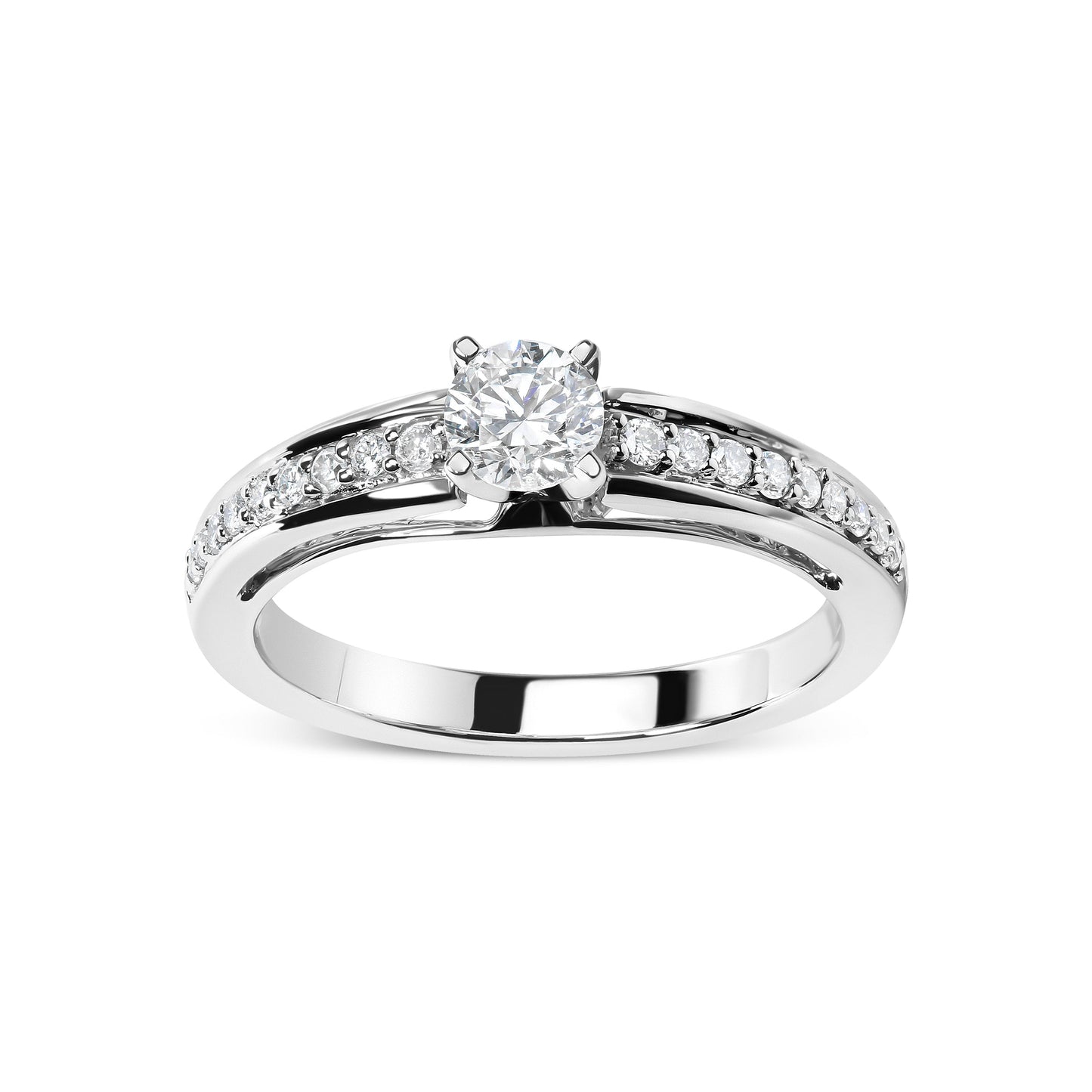 Anillo de compromiso solitario de oro blanco de 14 quilates con diamantes de 1/2 quilate engarzados en pavé (color G-H, claridad VS2-SI1) - Talla 7