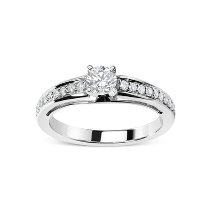 Anillo de compromiso solitario de oro blanco de 14 quilates con diamantes de 1/2 quilate engarzados en pavé (color G-H, claridad VS2-SI1) - Talla 7