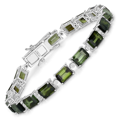 Pulsera de oro blanco de 14 quilates con turmalina verde genuina de 19,04 quilates y diamantes blancos