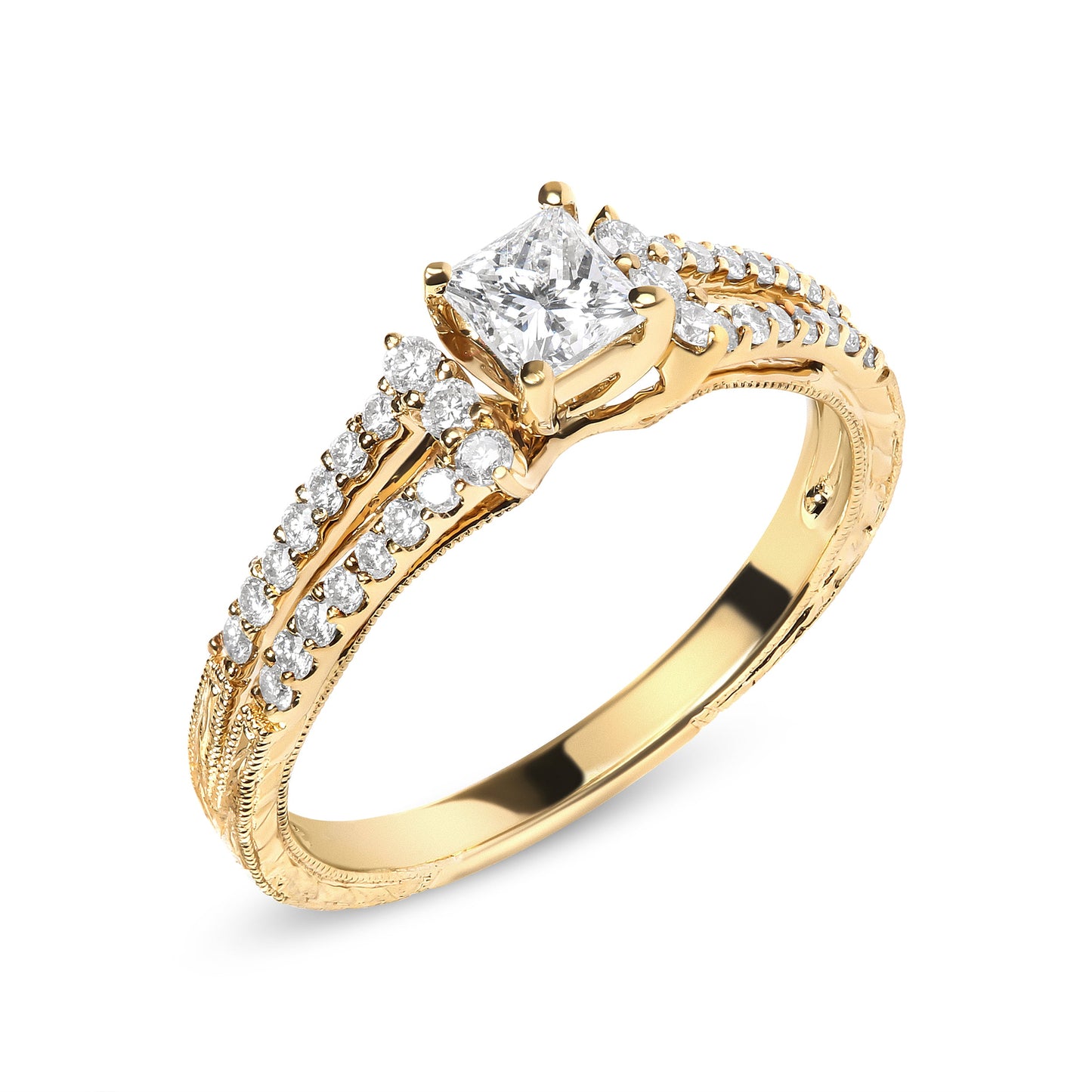Anillo de compromiso con diamante de oro amarillo de 14 K de 5/8 Cttw, corte princesa, brazo dividido y milgrain (color G-H, claridad VS2-SI1) - Talla 7