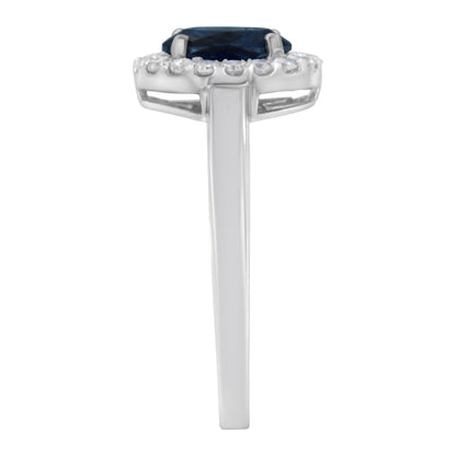 Anillo de cóctel de oro blanco de 10K, 1/5 quilates de diamante redondo y zafiro azul creado de 7MM engarzado con halo (color H-I, claridad I1-I2) - Talla 7