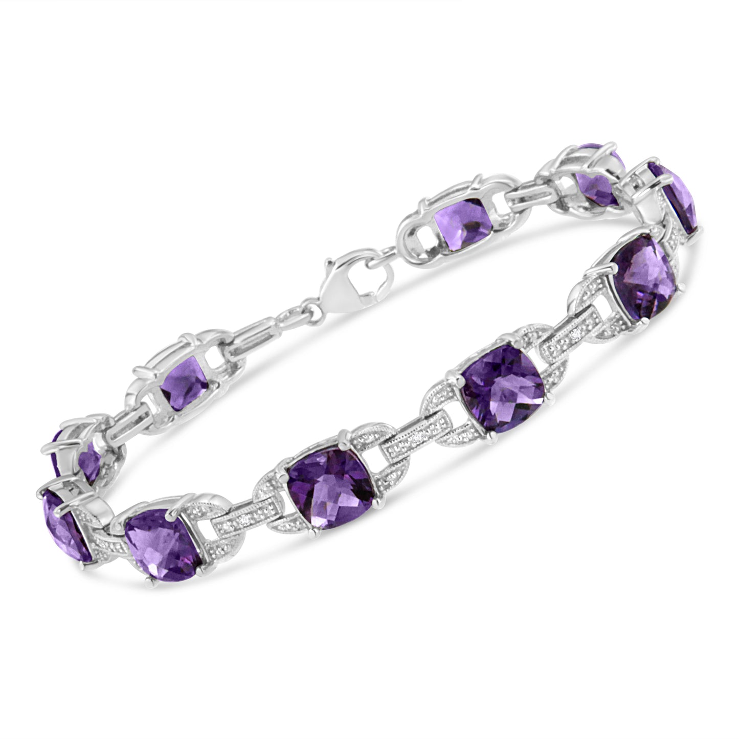 Brazalete tipo tenis de plata de ley .925 con amatista talla cojín de 7 mm y diamantes (color I-J, claridad I1-I2) - Talla 7"