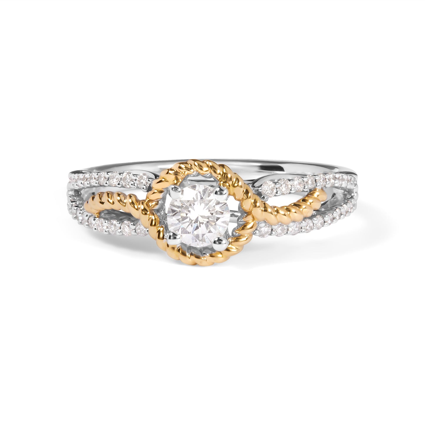 Anillo de compromiso de oro de 14 quilates de dos tonos con diamantes de 3/8 quilates totales, diseño de banda dividida y halo de cuentas (color G-H, claridad VS2-SI1) - Talla 7