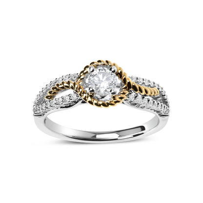 Anillo de compromiso de oro de 14 quilates de dos tonos con diamantes de 3/8 quilates totales, diseño de banda dividida y halo de cuentas (color G-H, claridad VS2-SI1) - Talla 7