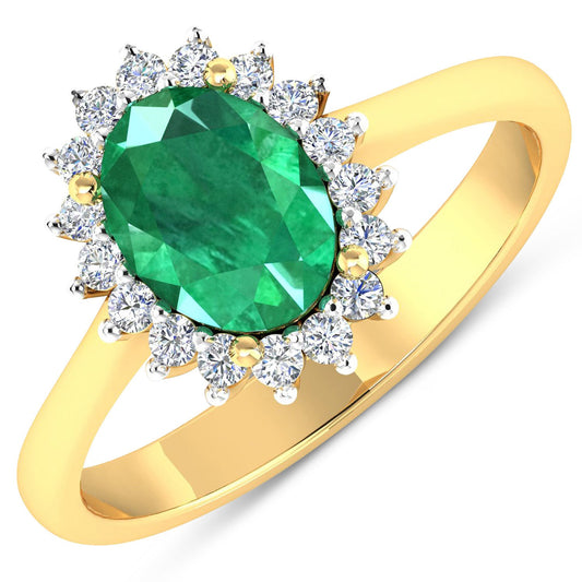 Anillo de oro amarillo de 14 quilates con auténtica esmeralda zambiana de 1,87 quilates y diamantes blancos