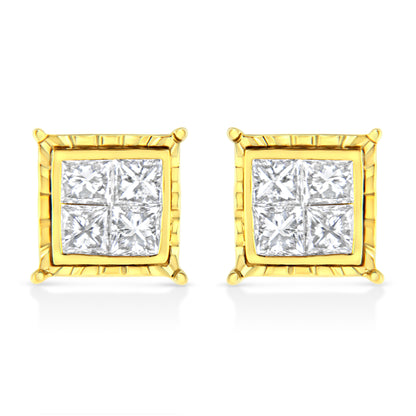 Pendientes de oro amarillo de 14 quilates, con 1.0 quilates de diamantes engastados invisibles corte princesa (8 piedras) (Color I-J, Claridad SI1-SI2)