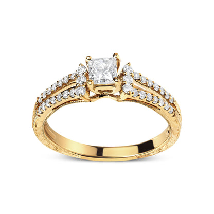 Anillo de compromiso con diamante de oro amarillo de 14 K de 5/8 Cttw, corte princesa, brazo dividido y milgrain (color G-H, claridad VS2-SI1) - Talla 7
