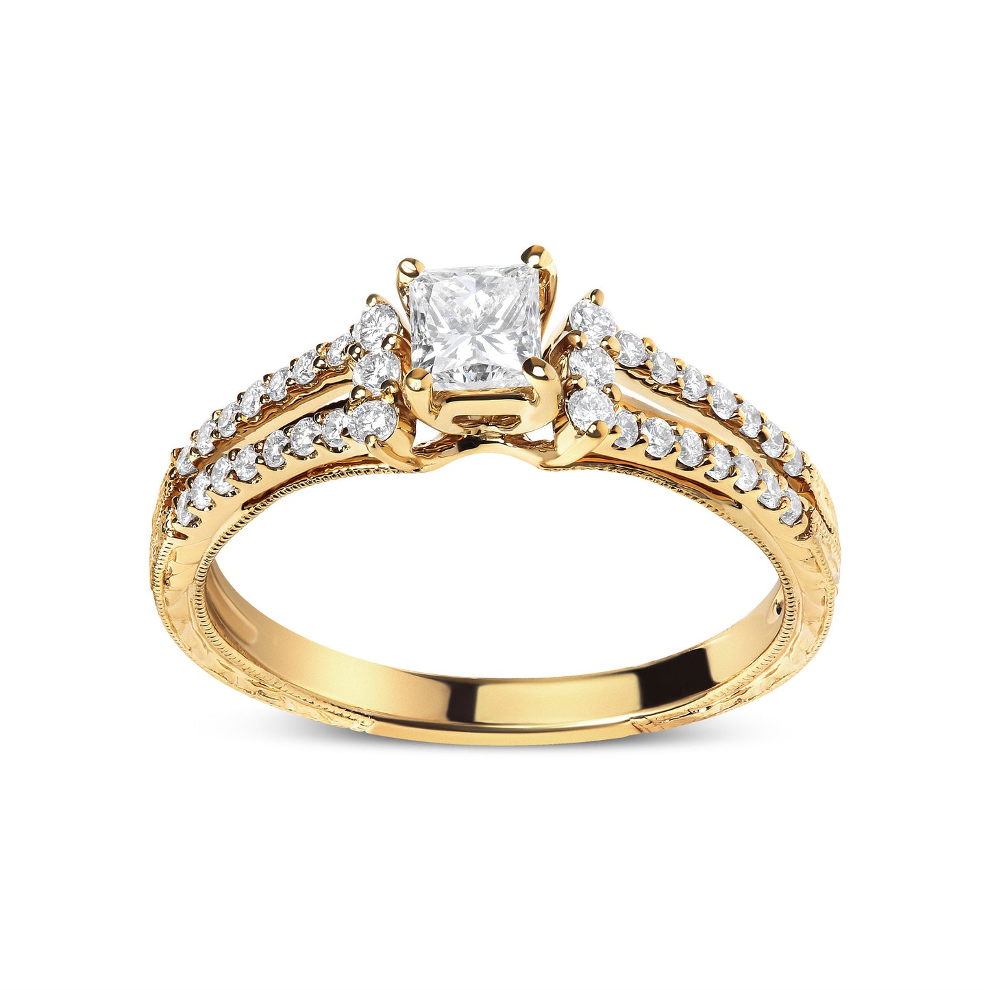 Anillo de compromiso con diamante de oro amarillo de 14 K de 5/8 Cttw, corte princesa, brazo dividido y milgrain (color G-H, claridad VS2-SI1) - Talla 7
