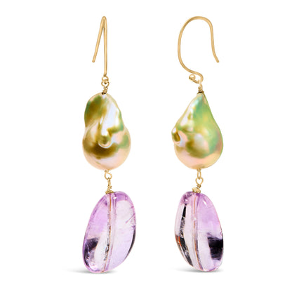 Pendientes colgantes de oro amarillo de 14 quilates con amatista y perlas barrocas de 5 cm de largo