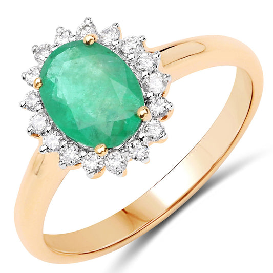 Anillo de oro amarillo de 10 quilates con esmeralda zambiana auténtica de 1,39 quilates y diamantes blancos