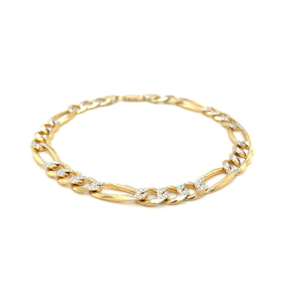 Pulsera Figaro sólida de oro amarillo de 14K, 7.0mm, dos tonos, pavé