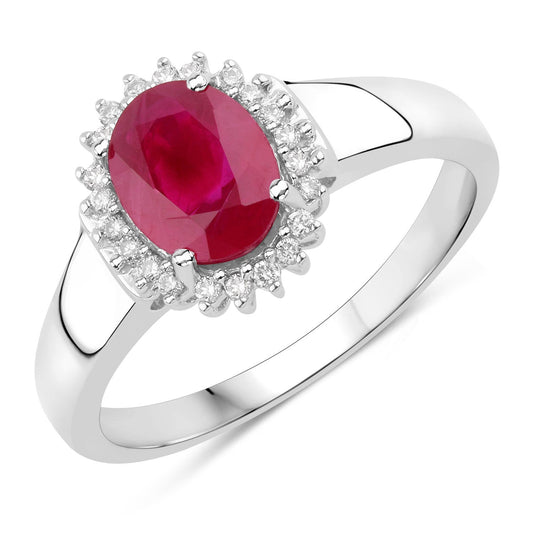 Anillo de oro blanco de 14K con rubí genuino de 1,55 quilates y diamantes blancos