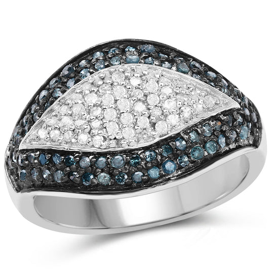 Anillo de plata de ley .925 con diamante azul auténtico de 0.50 quilates y diamantes blancos