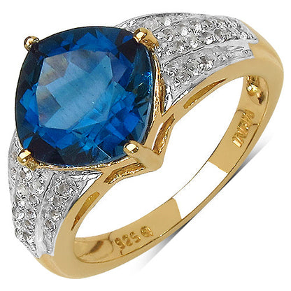 Anillo de plata de ley .925 chapado en oro amarillo de 18 quilates con topacio azul de Londres genuino de 3,83 quilates y topacio blanco