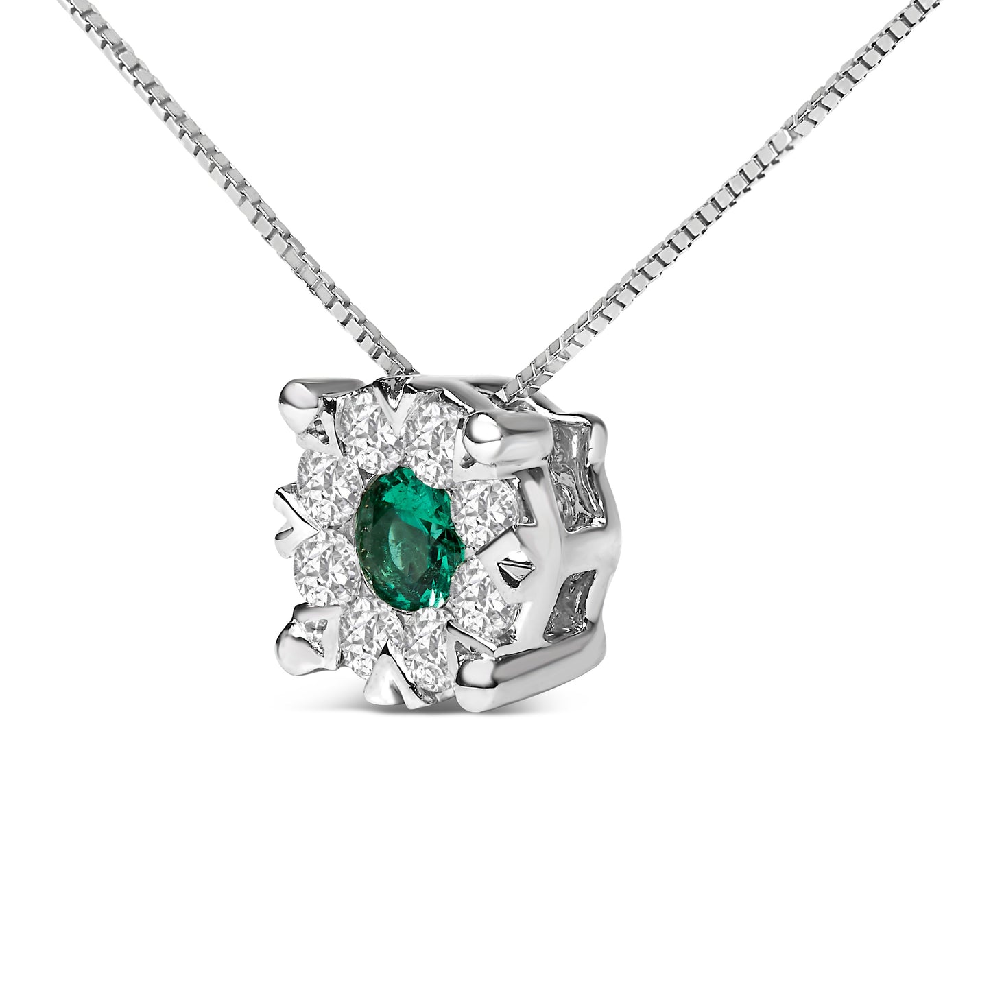 Collar con colgante de 4 mm en oro blanco de 14K con esmeralda verde y halo de diamantes de 1/3 Cttw en composición, 18" (color F-G, claridad VS2-SI1)
