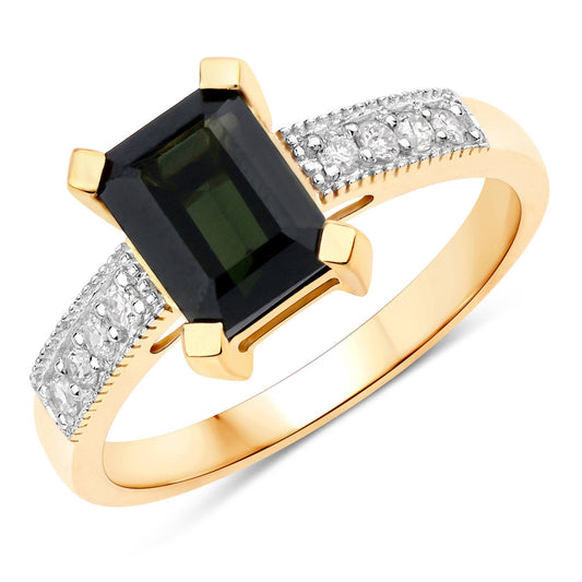 Anillo de oro amarillo de 14K con turmalina verde genuina de 1,91 quilates y diamante blanco