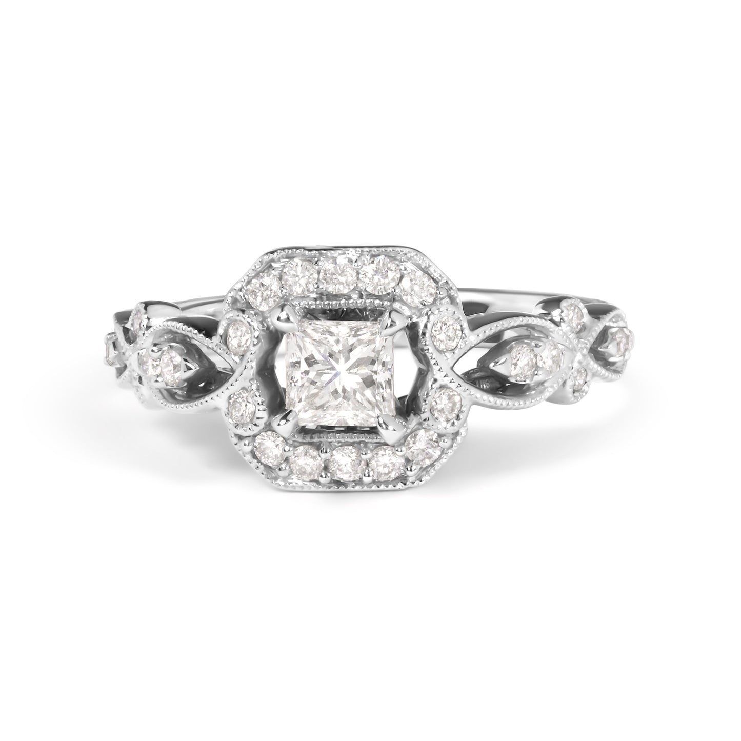 Anillo de compromiso de oro blanco de 14 quilates con diamantes de 3/4 Cttw, estilo halo y vástago tejido (color G-H, claridad VS2-SI1) - Talla 7