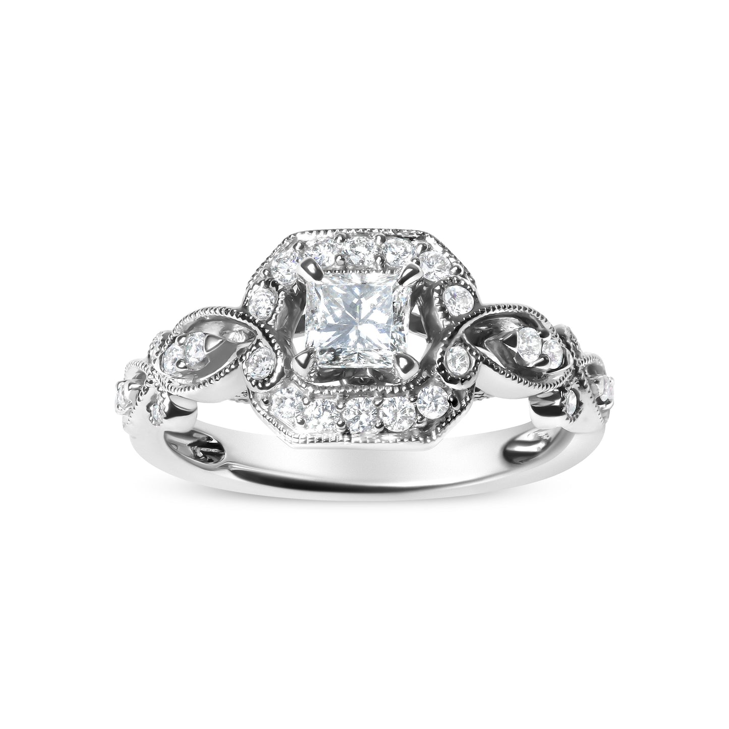 Anillo de compromiso de oro blanco de 14 quilates con diamantes de 3/4 Cttw, estilo halo y vástago tejido (color G-H, claridad VS2-SI1) - Talla 7