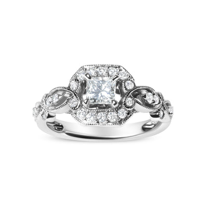 Anillo de compromiso de oro blanco de 14 quilates con diamantes de 3/4 Cttw, estilo halo y vástago tejido (color G-H, claridad VS2-SI1) - Talla 7