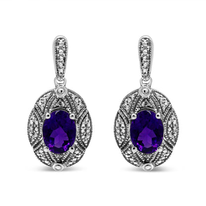 Pendientes de botón de plata de ley .925 con acento de diamante y amatista ovalada púrpura de 8x6mm (color I-J, claridad I1-I2)