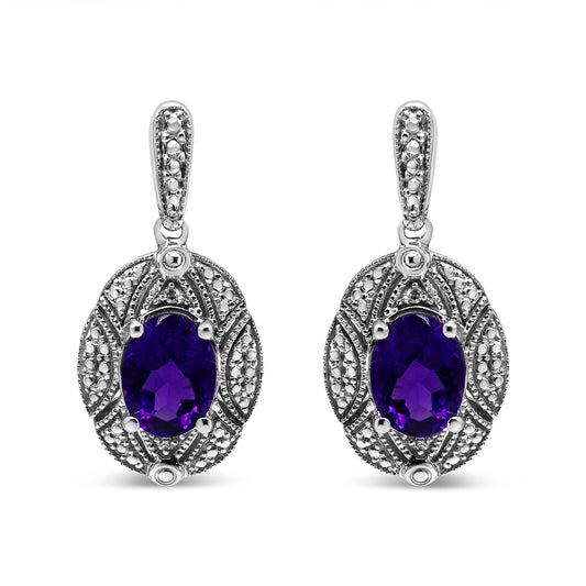 Pendientes de botón de plata de ley .925 con acento de diamante y amatista ovalada púrpura de 8x6mm (color I-J, claridad I1-I2)