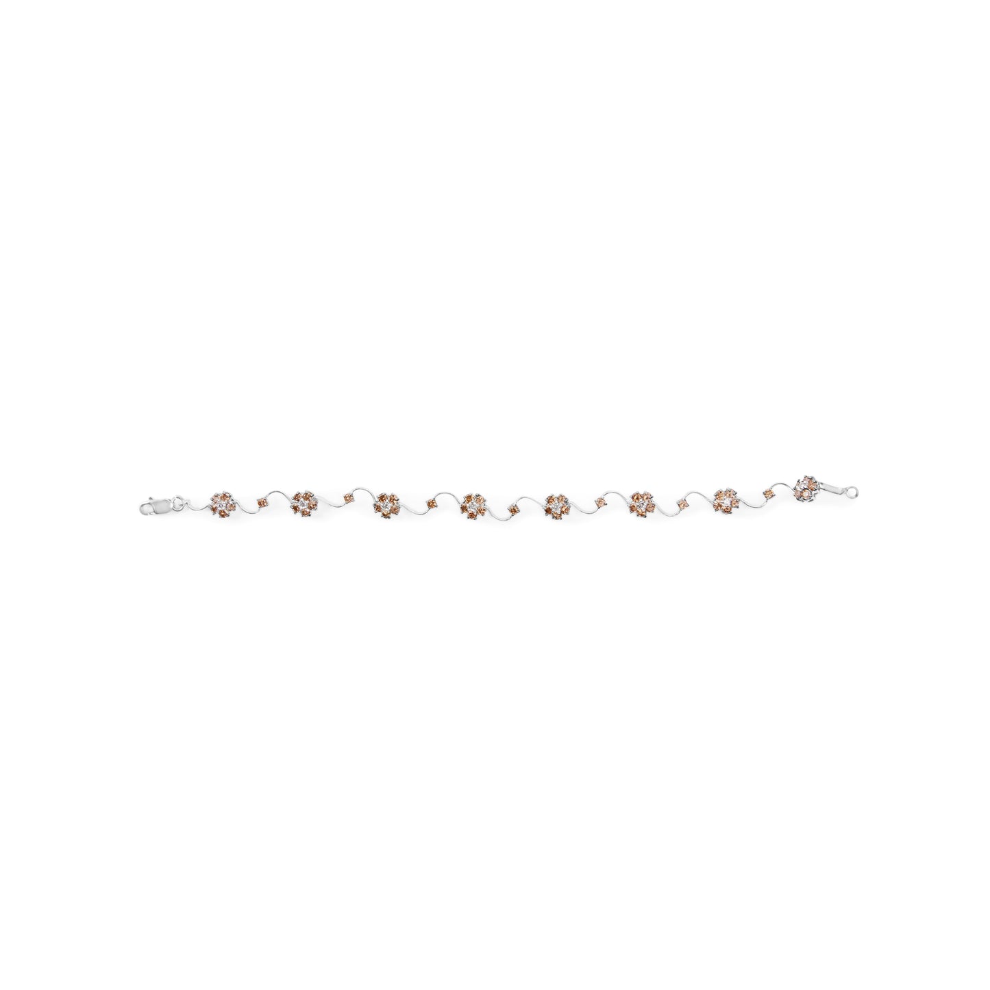 Pulsera de eslabones tipo estación y racimo floral de oro blanco de 10K con diamantes blancos y champaña de 4.0 TCW (color H-I, claridad SI2-I1) - 7 pulgadas