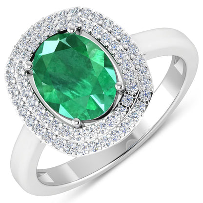 Anillo de oro blanco de 14K con esmeralda zambiana auténtica de 1,97 quilates y diamantes blancos