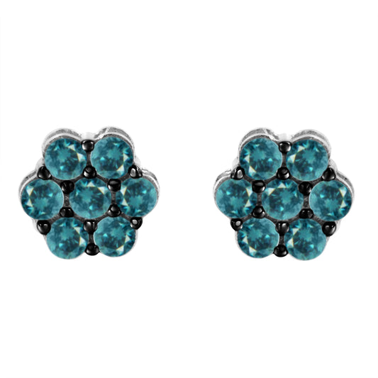 Pendientes de plata de ley con diamantes azules tratados y diseño floral (1 ct. de peso total, color azul, claridad I2-I3)