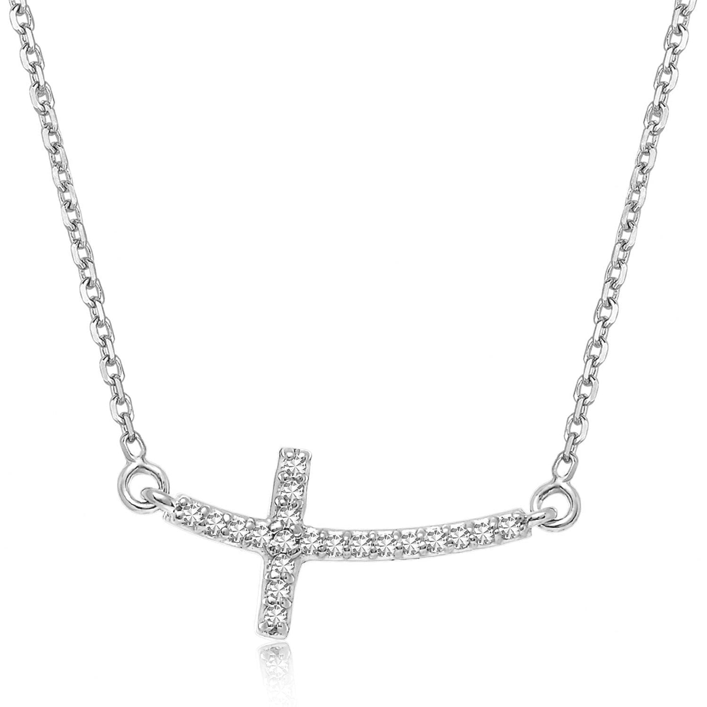 Collar de oro blanco de 14k con cruz curva y diamantes incrustados (0,11 quilates en total)