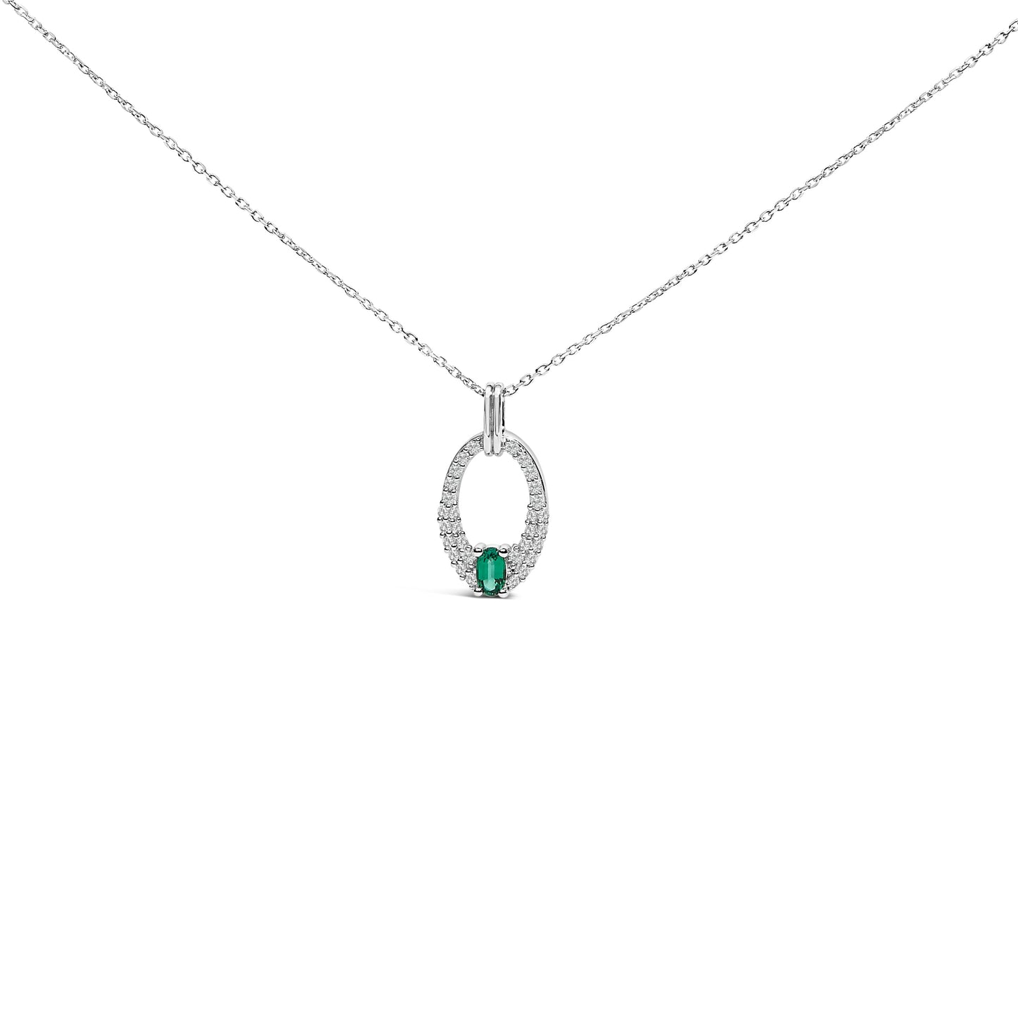 Collar con colgante ovalado de plata de ley .925 con esmeralda verde creada y zafiro blanco - 18" pulgadas