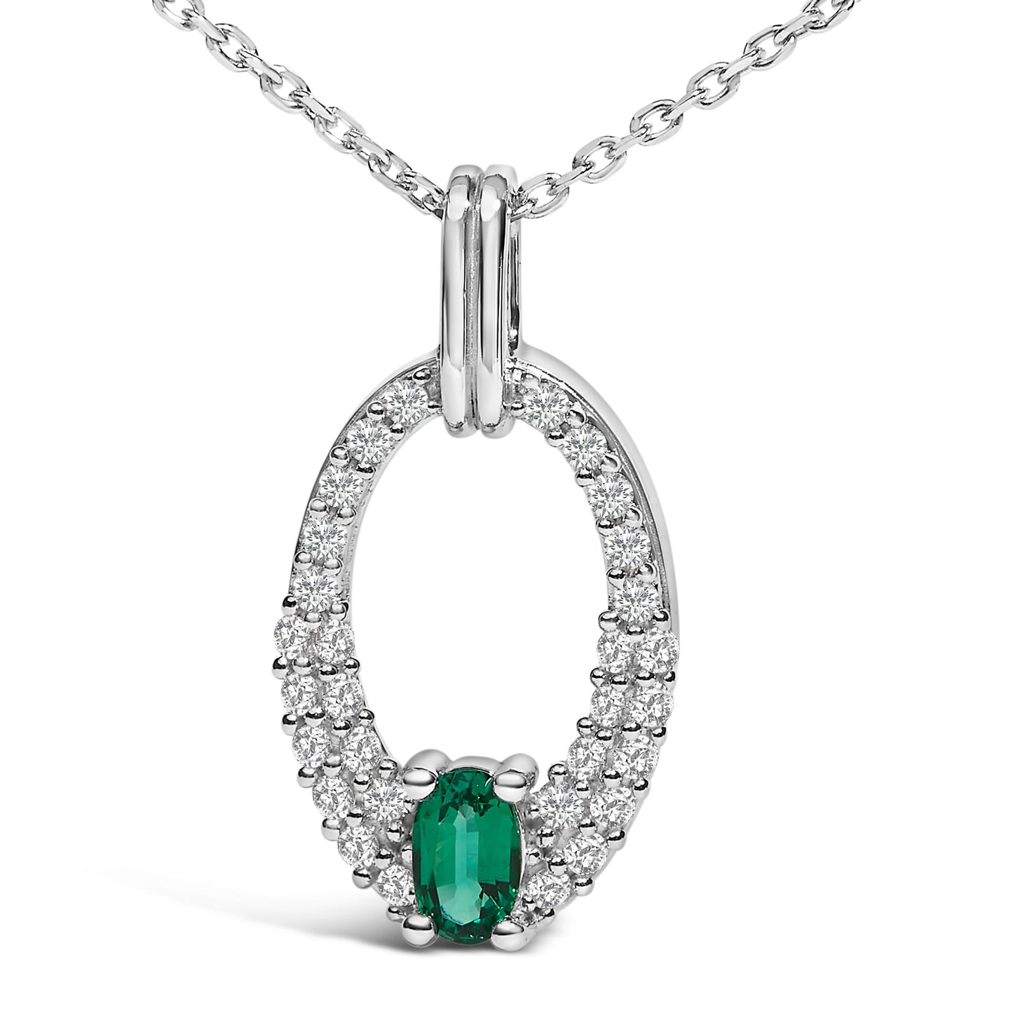 Collar con colgante ovalado de plata de ley .925 con esmeralda verde creada y zafiro blanco - 18" pulgadas