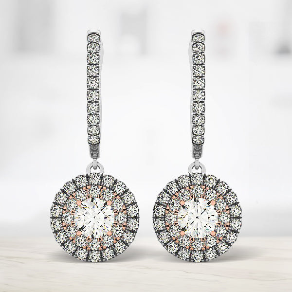 Aretes colgantes de oro blanco y rosa de 14 quilates con diamantes y diseño de halo (3/4 quilates en total)
