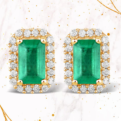 Pendientes de oro amarillo de 14 quilates con esmeraldas auténticas de Zambia de 0,91 quilates y diamantes blancos
