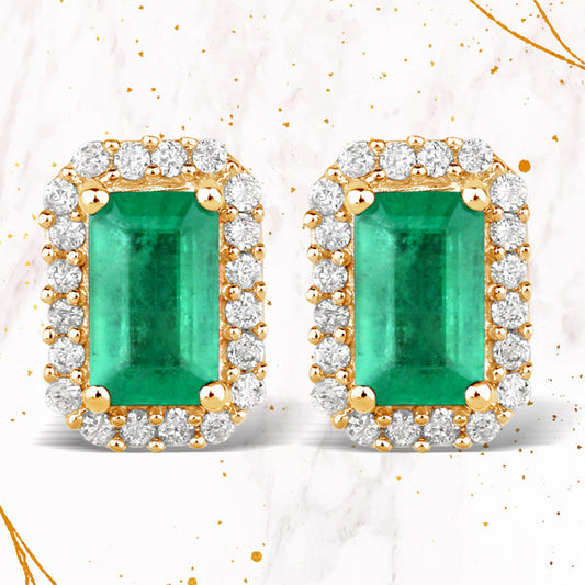 Pendientes de oro amarillo de 14 quilates con esmeraldas auténticas de Zambia de 0,91 quilates y diamantes blancos