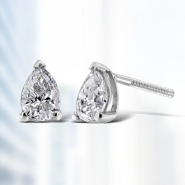 Pendientes de botón solitarios con diamantes cultivados en laboratorio en forma de pera de 1/2 quilate en oro blanco de 14K (color F-G, claridad VS2-SI1)