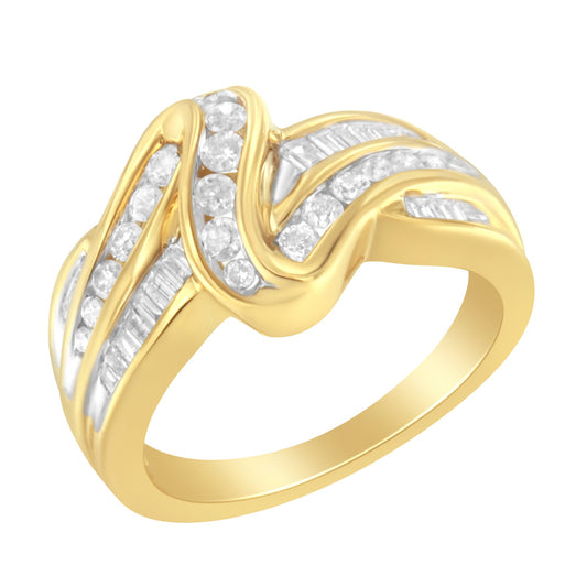Anillo de derivación de doble vástago de oro amarillo de 10K con canal de 3/4 Cttw con diamantes redondos y talla baguette (color J-K, claridad I1-I2) - Talla 6.75