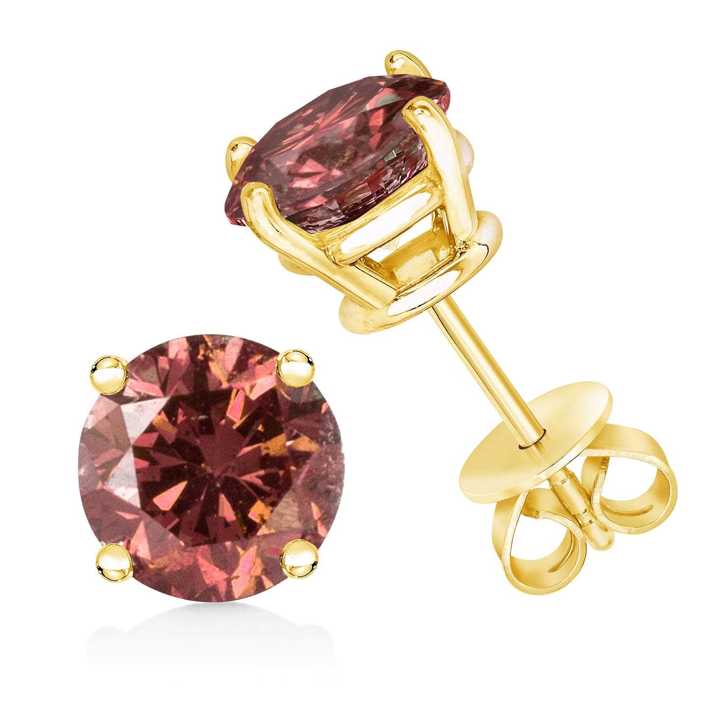 Pendientes solitario clásicos de 4 puntas de oro amarillo de 14 quilates con diamantes rosados cultivados en laboratorio de corte brillante redondo de 1,00 quilates en total (color rosa, claridad VVS2-VS1)