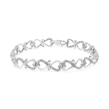 Pulsera de plata de ley 925 con diseño de doble corazón e infinito con diamantes de talla redonda de 0,33 qt (color H-I, claridad I3), 18,4 cm
