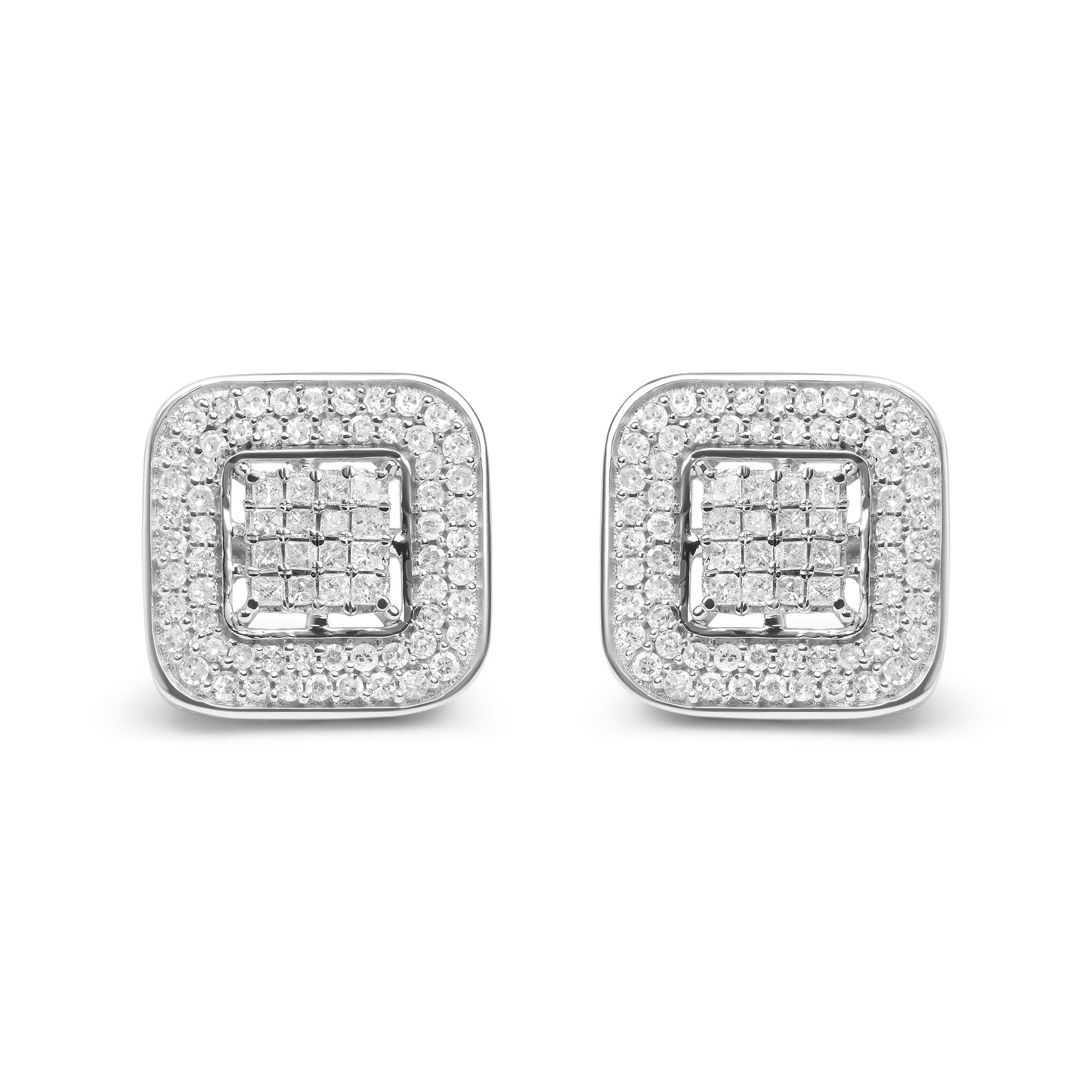 Pendientes de tuerca de halo abierto de oro blanco de 10 quilates con diamantes redondos y de talla princesa de 1,0 quilates (color H-I, claridad SI1-SI2)