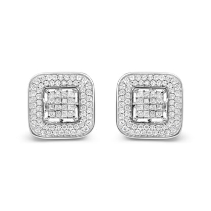 Pendientes de tuerca de halo abierto de oro blanco de 10 quilates con diamantes redondos y de talla princesa de 1,0 quilates (color H-I, claridad SI1-SI2)