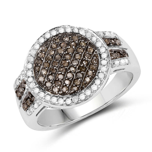 Anillo de plata de ley .925 con diamantes blancos y de color champán auténticos de 0,44 quilates